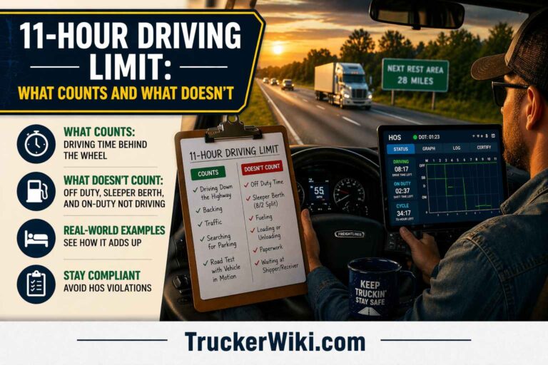 11 Hour Driving Limit What Counts and What Doesnt feature image showing a truck driver actively driving a semi truck on a highway at sunset with hands on the steering wheel while viewing an ELD screen displaying HOS data alongside a checklist explaining what counts as driving time and what does not with TruckerWiki.com watermark