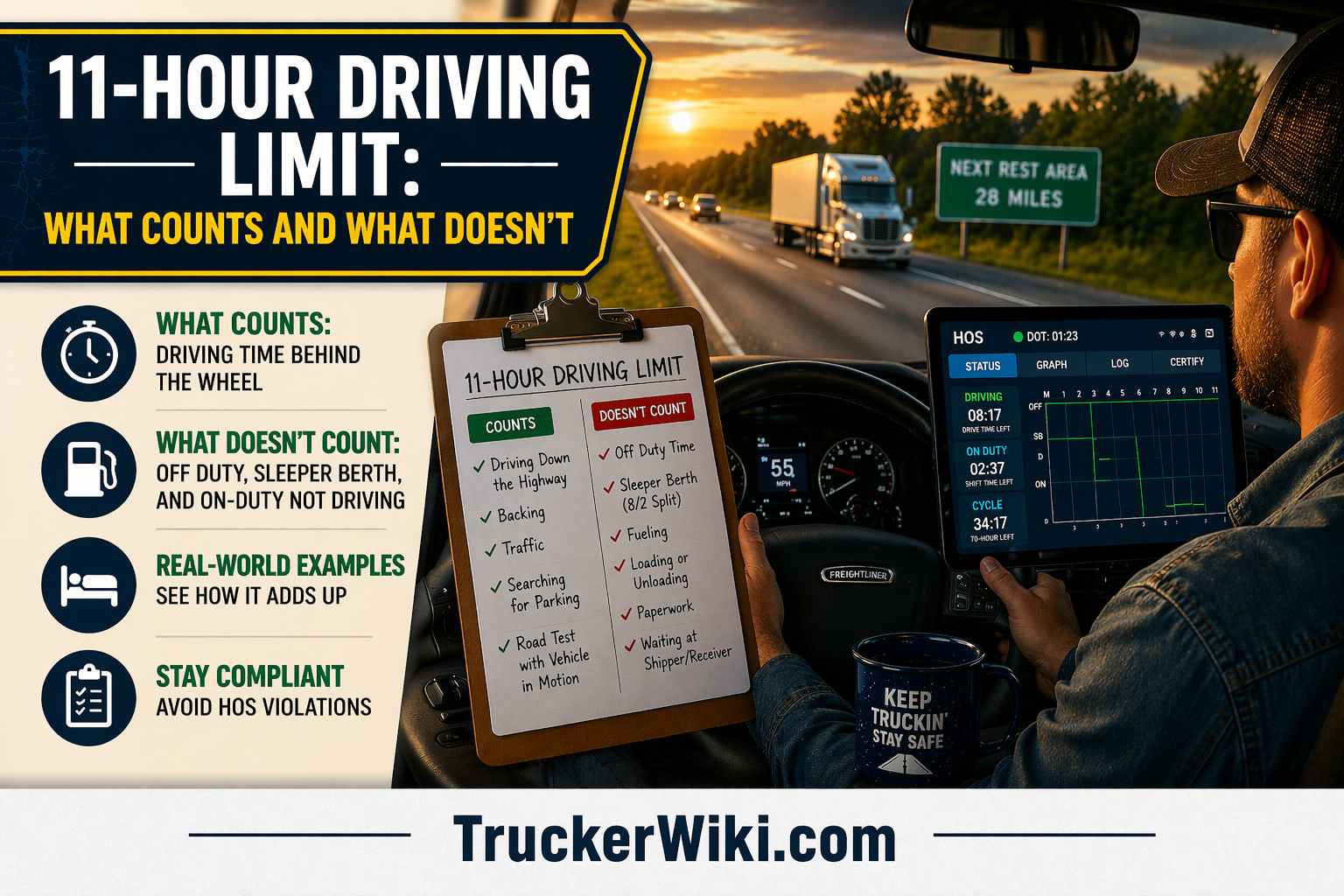 11 Hour Driving Limit What Counts and What Doesnt feature image showing a truck driver actively driving a semi truck on a highway at sunset with hands on the steering wheel while viewing an ELD screen displaying HOS data alongside a checklist explaining what counts as driving time and what does not with TruckerWiki.com watermark