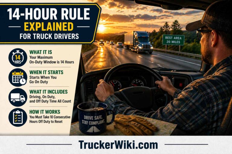 14 Hour Rule Explained for Truck Drivers feature image showing a truck driver actively driving a semi truck on a highway during sunset with hands on the steering wheel and road traffic ahead alongside an infographic explaining the 14 hour on duty limit start time included activities and reset requirements with TruckerWiki.com watermark