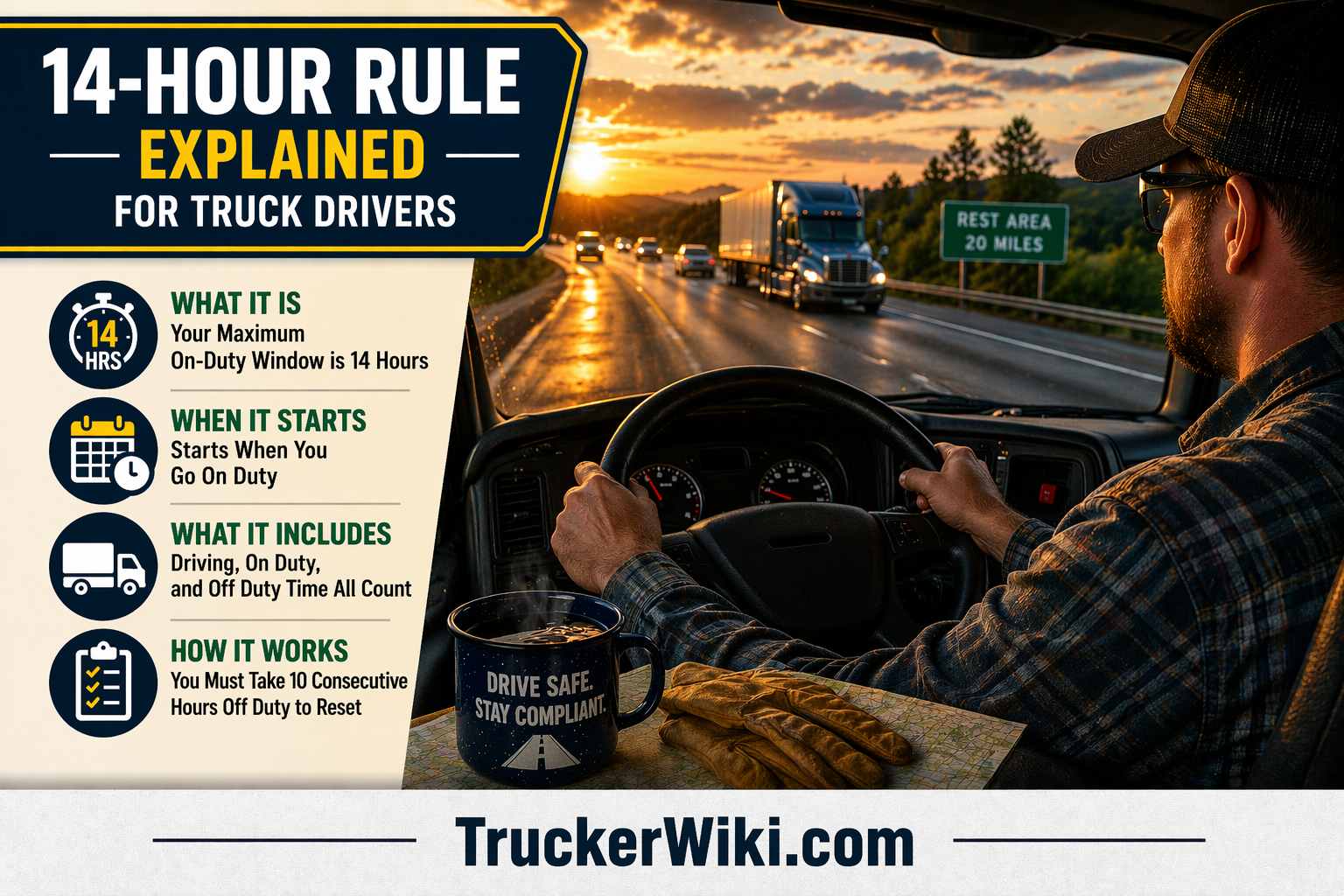 14 Hour Rule Explained for Truck Drivers feature image showing a truck driver actively driving a semi truck on a highway during sunset with hands on the steering wheel and road traffic ahead alongside an infographic explaining the 14 hour on duty limit start time included activities and reset requirements with TruckerWiki.com watermark