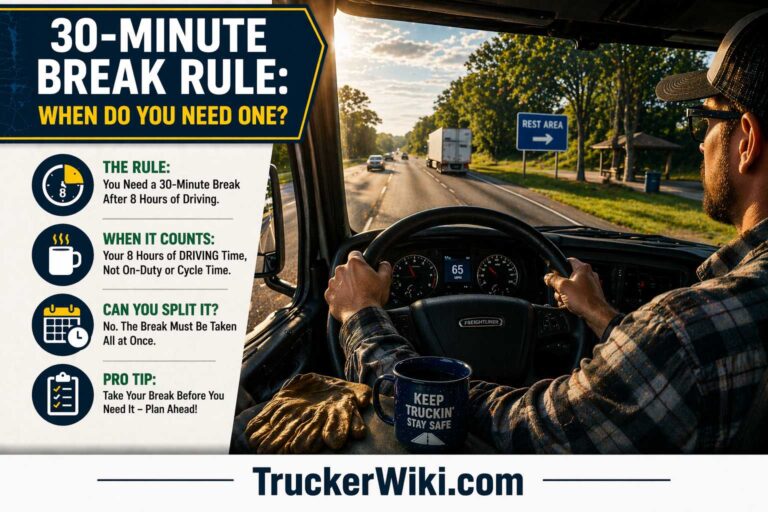 30 Minute Break Rule When Do You Need One feature image showing a truck driver actively driving a semi truck on a highway during daytime with hands on the steering wheel and a rest area sign ahead alongside an infographic explaining the 30 minute break requirement after 8 hours of driving when it counts and planning tips with TruckerWiki.com watermark