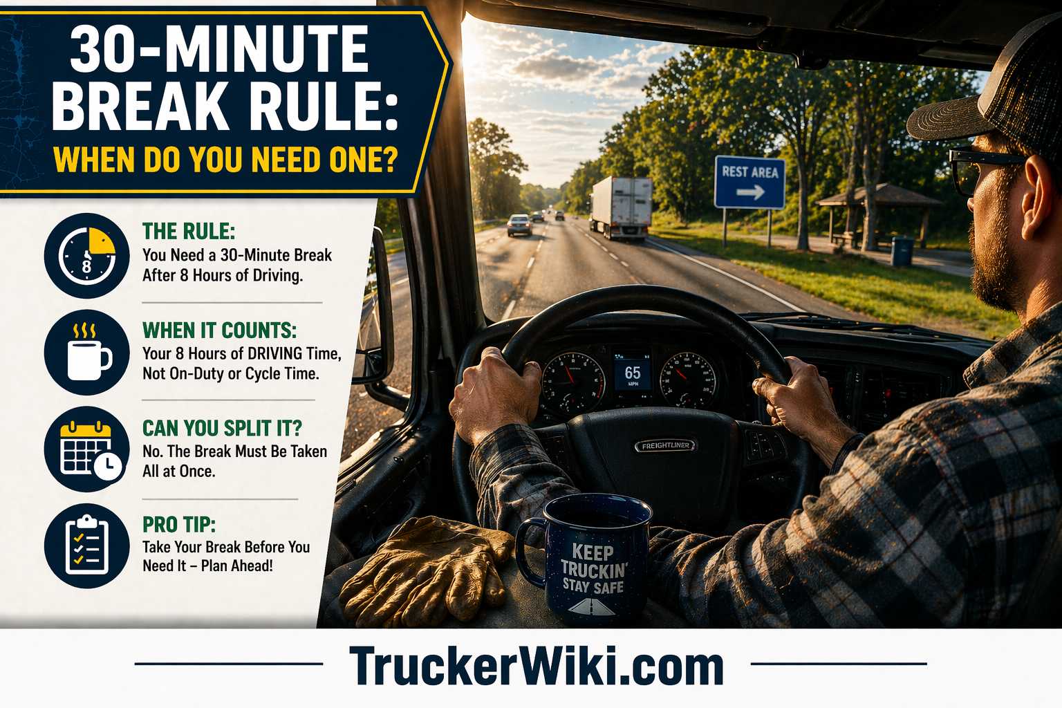 30 Minute Break Rule When Do You Need One feature image showing a truck driver actively driving a semi truck on a highway during daytime with hands on the steering wheel and a rest area sign ahead alongside an infographic explaining the 30 minute break requirement after 8 hours of driving when it counts and planning tips with TruckerWiki.com watermark