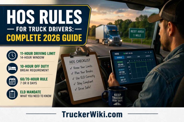 HOS Rules for Truck Drivers Complete 2026 Guide feature image showing a truck driver using an electronic logging device inside a semi truck cab with key hours of service rules including driving limits off duty breaks and ELD mandate displayed alongside highway scene and TruckerWiki.com watermark