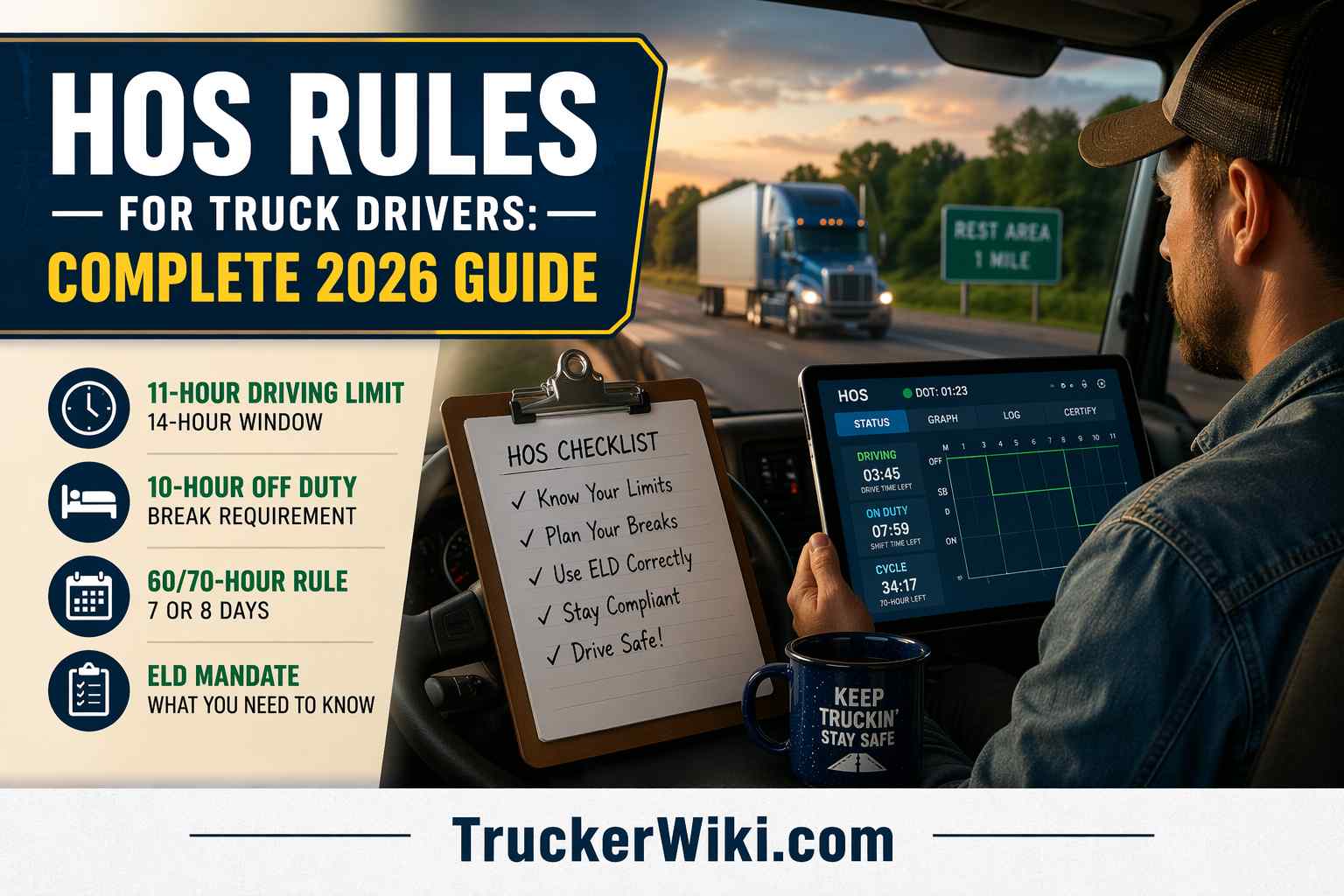 HOS Rules for Truck Drivers Complete 2026 Guide feature image showing a truck driver using an electronic logging device inside a semi truck cab with key hours of service rules including driving limits off duty breaks and ELD mandate displayed alongside highway scene and TruckerWiki.com watermark