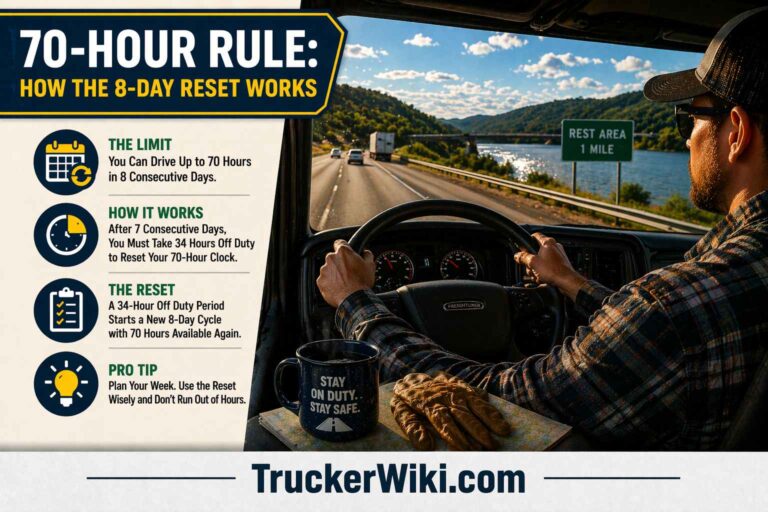 70 Hour Rule How the 8 Day Reset Works feature image showing a truck driver actively driving a semi truck on a highway with hands on the steering wheel during daytime along a scenic road with water and mountains alongside an infographic explaining the 70 hour limit 8 day cycle 34 hour reset and planning tips with TruckerWiki.com watermark