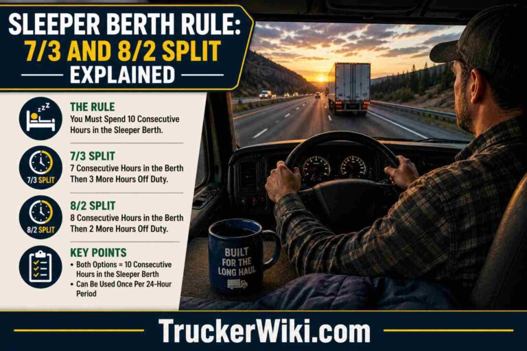 Sleeper Berth Rule 7 3 and 8 2 Split Explained feature image showing a truck driver actively driving a semi truck on a highway at sunset with hands on the steering wheel and long haul road scenery ahead alongside an infographic explaining the sleeper berth rule including 7/3 split 8/2 split requirements and key points with TruckerWiki.com watermark