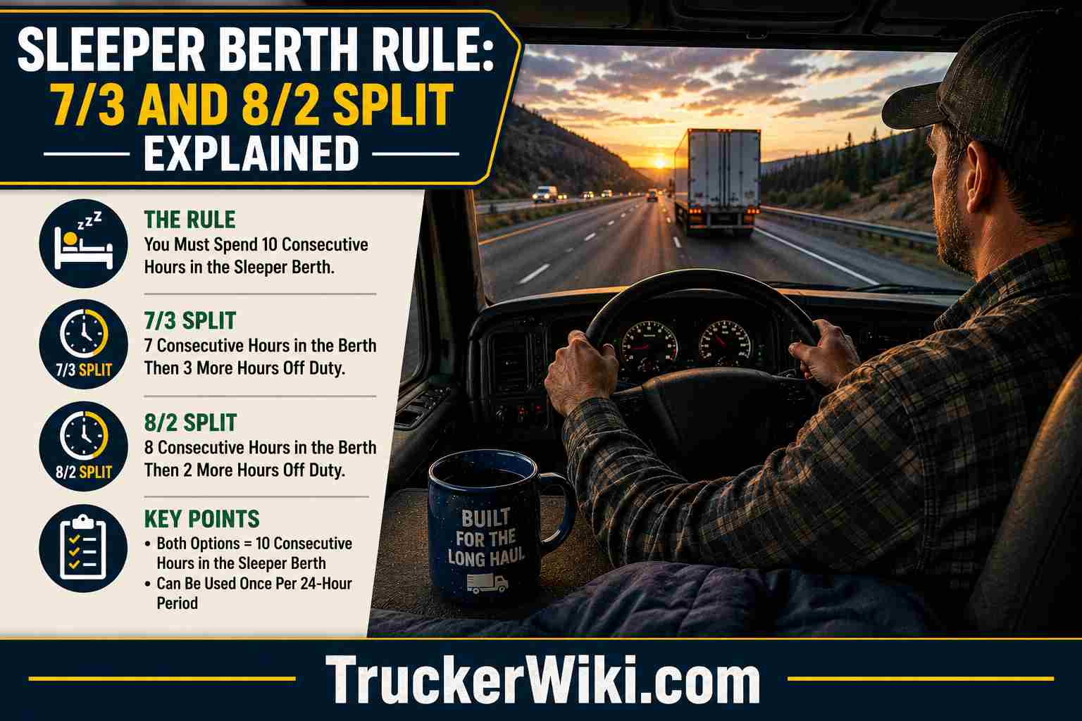 Sleeper Berth Rule 7 3 and 8 2 Split Explained feature image showing a truck driver actively driving a semi truck on a highway at sunset with hands on the steering wheel and long haul road scenery ahead alongside an infographic explaining the sleeper berth rule including 7/3 split 8/2 split requirements and key points with TruckerWiki.com watermark
