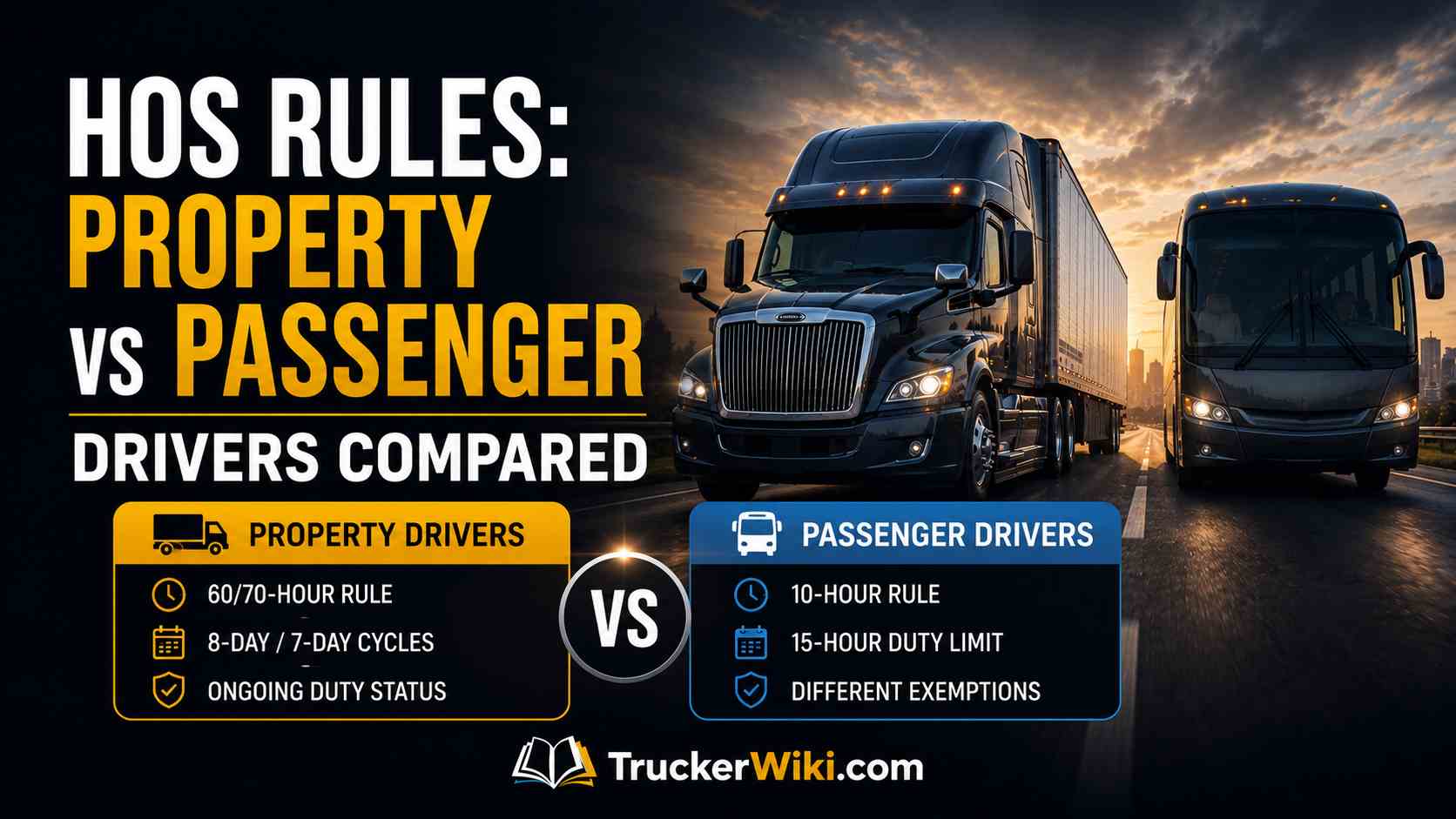 feature image for article HOS Rules Property vs Passenger Drivers Compared