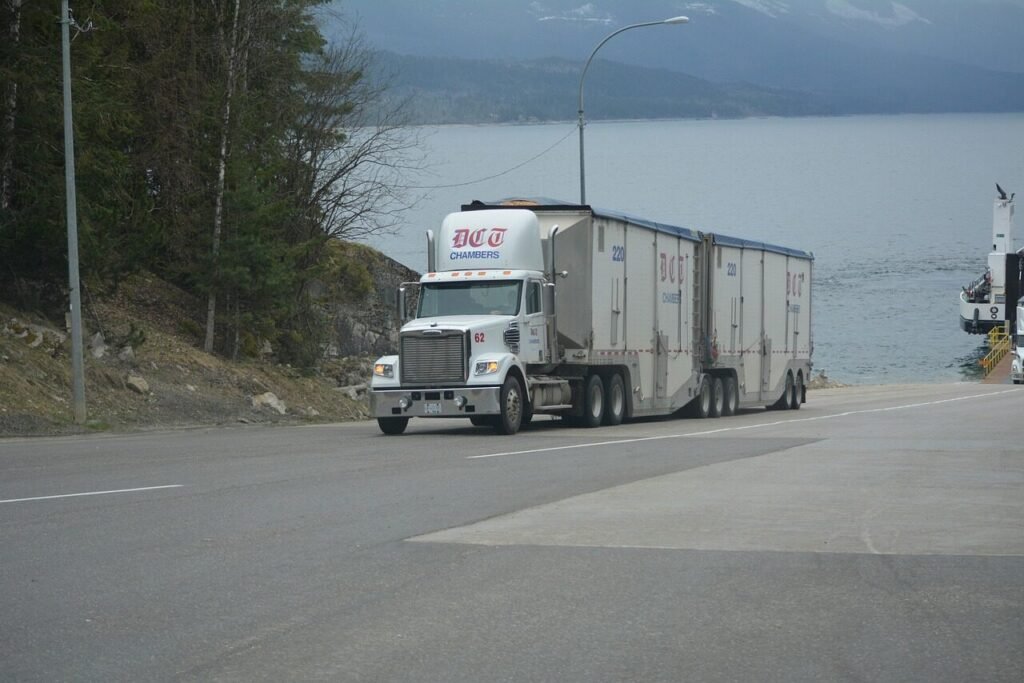truck, lorry, nature, white truck, cargo truck, big rig, transportation, vehicle, highway, lake, driving, truck drivers, truckers, lorry driver, gray truck