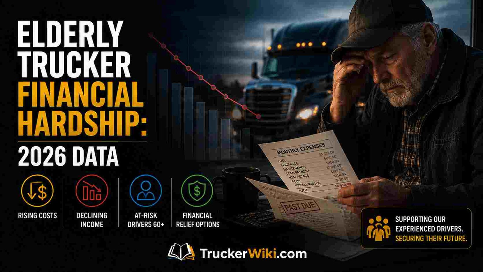 Elderly truck driver reviewing overdue bills and financial documents beside a semi truck at dusk, with a downward trend chart illustrating rising financial hardship among older truck drivers in 2026.