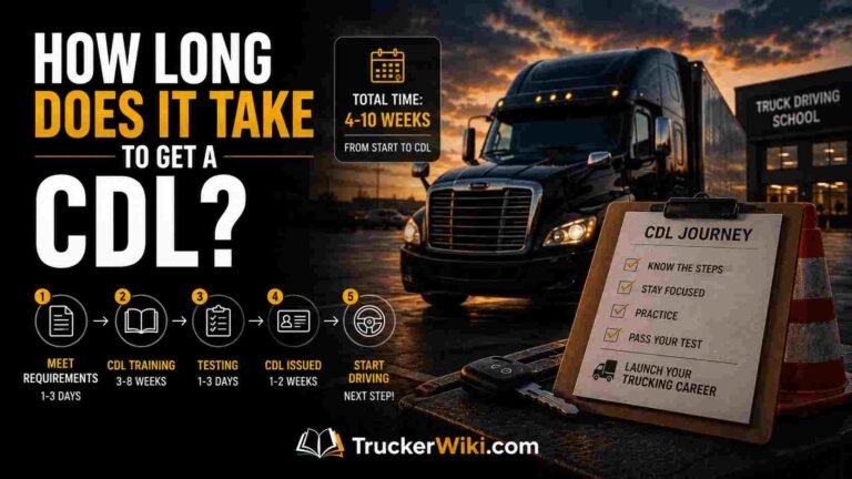 Commercial semi truck parked outside a truck driving school at sunset with a CDL training timeline illustrating the typical 4 to 10 week process to earn a Commercial Driver's License.