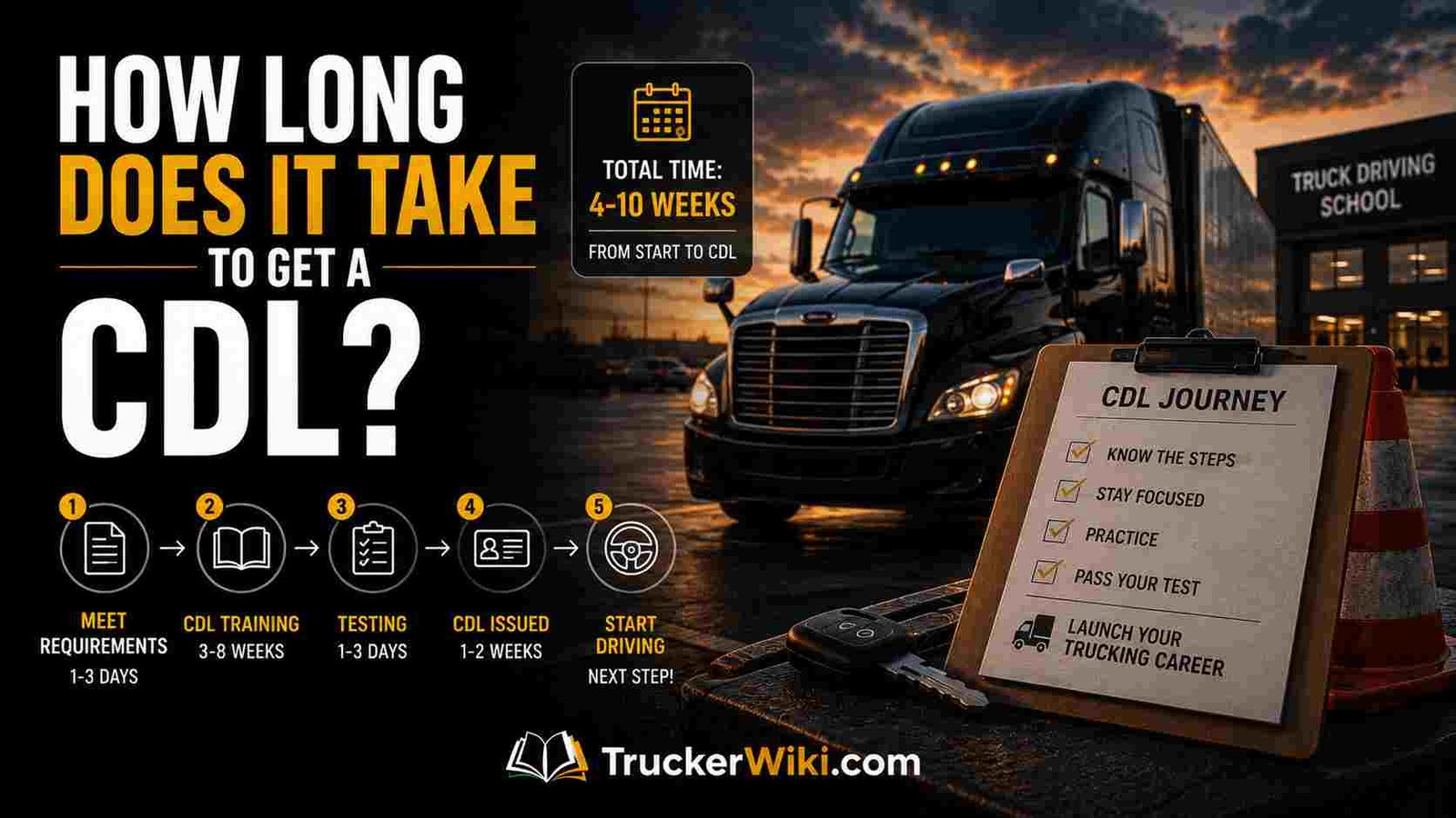 Commercial semi truck parked outside a truck driving school at sunset with a CDL training timeline illustrating the typical 4 to 10 week process to earn a Commercial Driver's License.