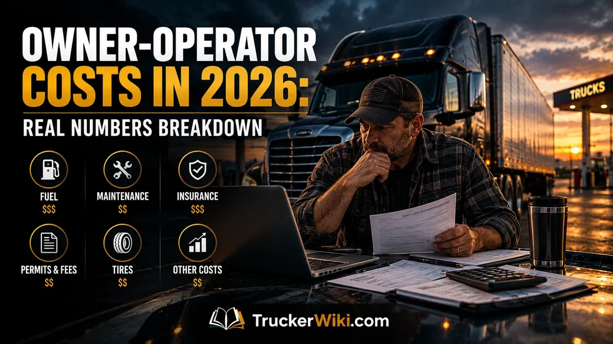 Owner operator reviewing trucking expenses and invoices beside a laptop and calculator, with a semi truck at sunset and visual icons for fuel, maintenance, insurance, permits, tires, and other costs.